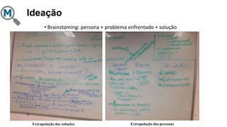 Ideação
• Brainstoming: persona + problema enfrentado + solução
Extrapolação das soluções Extrapolação das personas
 