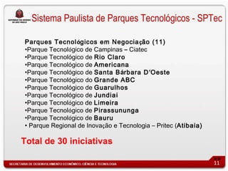 Sistema Paulista de Parques Tecnológicos - SPTec

Parques Tecnológicos em Negocia ção (11)
•Parque Tecnológico de Campinas – Ciatec
•Parque Tecnológico de Rio Claro
•Parque Tecnológico de Americana
•Parque Tecnológico de Santa Bárbara D’Oeste
•Parque Tecnológico do Grande ABC
•Parque Tecnológico de Guarulhos
•Parque Tecnológico de Jundiaí
•Parque Tecnológico de Limeira
•Parque Tecnológico de Pirassununga
•Parque Tecnológico de Bauru
• Parque Regional de Inovação e Tecnologia – Pritec (Atibaia)

Total de 30 iniciativas

                                                                11
 