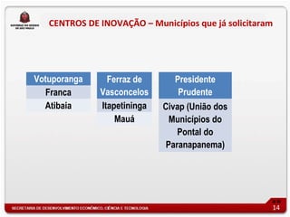 CENTROS DE INOVAÇÃO – Municípios que já solicitaram




Votuporanga     Ferraz de      Presidente
   Franca     Vasconcelos       Prudente
  Atibaia     Itapetininga   Civap (União dos
                  Mauá         Municípios do
                                 Pontal do
                              Paranapanema)




                                                     14
 