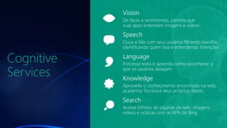 Cognitive
Services
De faces a sentimentos, permita que
suas apps entendam imagens e videos
Ouça e fale com seus usuários filtrando barulho,
identificando quem fala e entendendo intenções
Processe texto e aprenda como reconhecer o
que os usuários desejam
Aproveite o conhecimento encontrado na web,
academia Técnica e seus próprios dados
Acesse bilhões de páginas da web, imagens,
videos e notícias com as APIs do Bing
 