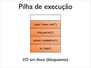 Pilha de execução

       load(“index.html”)


         http_parse(1)


      socket_readdable(1)


           ev_loop()




 I/O em disco (bloqueante)
 