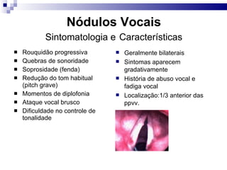 Nódulos Vocais
Sintomatologia e Características
 Rouquidão progressiva
 Quebras de sonoridade
 Soprosidade (fenda)
 Redução do tom habitual
(pitch grave)
 Momentos de diplofonia
 Ataque vocal brusco
 Dificuldade no controle de
tonalidade
 Geralmente bilaterais
 Sintomas aparecem
gradativamente
 História de abuso vocal e
fadiga vocal
 Localização:1/3 anterior das
ppvv.
 
