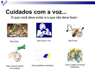 Cuidados com a voz... O que você deve evitar e o que não deve fazer: Não Gritar   Não forçar a voz   Não consumir álcool  em excesso  Evite pastilhas e remédios Não fumar   Evite o pigarro e tosses freqüentes  