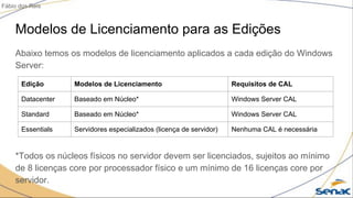 Modelos de Licenciamento para as Edições
Abaixo temos os modelos de licenciamento aplicados a cada edição do Windows
Server:
Edição Modelos de Licenciamento Requisitos de CAL
Datacenter Baseado em Núcleo* Windows Server CAL
Standard Baseado em Núcleo* Windows Server CAL
Essentials Servidores especializados (licença de servidor) Nenhuma CAL é necessária
*Todos os núcleos físicos no servidor devem ser licenciados, sujeitos ao mínimo
de 8 licenças core por processador físico e um mínimo de 16 licenças core por
servidor.
Fábio dos Reis
 