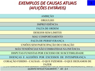 EXEMPLOS DE CAUSAS ATUAIS
(AFLIÇÕES EVITÁVEIS)
3
“(...) O HOMEM AS EVITARÁ QUANDO TRABALHAR POR SE MELHORAR MORALMENTE, TANTO
QUANTO INTELECTUALMENTE .” AK - § 4
AMBIÇÃO
ORGULHO
IMPREVIDÊNCIA
FALTA DE ORDEM
DESEJOS SEM LIMITES
MAU COMPORTAMENTO
FALTA DE PERSEVERANÇA
UNIÕES SEM PARTICIPAÇÃO DO CORAÇÃO
MÁS TENDÊNCIAS NÃO COMBATIDAS NA INFÂNCIA
DISPUTAS FUNESTAS POR EXCESSO DE SUSCETIBILIDADE
DOENÇAS E ALEIJÕES POR EXCESSOS DE INTEMPERANÇA
CORAÇÃO FERIDO - CAUSAS: - O QUE FIZEMOS - O QUE DEIXAMOS DE
FAZER
 