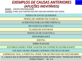 PERDA DE ENTES QUERIDOS
PERDA DO ARRIMO DE FAMÍLIA
ACIDENTES FORA DA PREVIDÊNCIA
REVEZES DA FORTUNA
FLAGELOS NATURAIS
DOENÇAS DE NASCENÇA
DEFORMIDADES
IDIOTIA
IMBECILIDADE
FOI ORGULHOSO: PODE NASCER EM CONDIÇÃO HUMILHAMTE
FOI MAU FILHO: PODERÁ SOFRER COM SEUS FILHOS
EMPREGOU MAL A FORTUNA: PODE VER-SE PRIVADO DO NECESSÁRIO
EXEMPLOS DE CAUSAS ANTERIORES
(AFLIÇÕES INEVITÁVEIS)
4
“(...) AQUELE QUE SE ENCONTRA EM SOFRIMENTO PODE SEMPRE DIZER: “PERDOA-ME SENHOR,
PORQUE PEQUEI” . AK - § 6
MODO: GOLPES POR FATALIDADE
CAUSAS: O MAL QUE FIZEMOS NOUTRA VIDA (NA MAIORIA DAS VEZES)
 