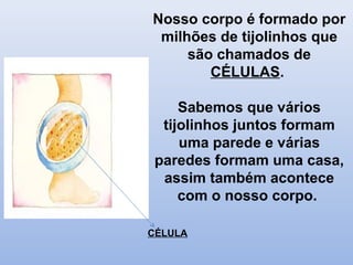 Nosso corpo é formado por
milhões de tijolinhos que
são chamados de
CÉLULAS.
Sabemos que vários
tijolinhos juntos formam
uma parede e várias
paredes formam uma casa,
assim também acontece
com o nosso corpo.
CÉLULA
 
