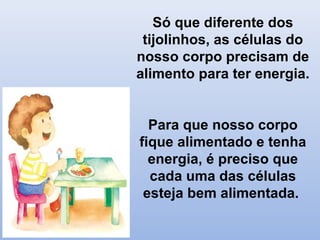 Só que diferente dos
tijolinhos, as células do
nosso corpo precisam de
alimento para ter energia.
Para que nosso corpo
fique alimentado e tenha
energia, é preciso que
cada uma das células
esteja bem alimentada.
 