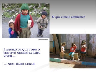 O que é meio ambiente?




                       Tempopresente.org




É AQUILO DE QUE TODO O
SER VIVO NECESSITA PARA
VIVER ....

.... NUM DADO LUGAR!
                                            
 