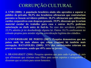 CORRUPÇÃO CULTURAL 4. UNB (2008): A população brasileira ainda não aprendeu a separar o público do privado. 50,3% dos brasileiros afirmaram que contratariam parentes se fossem servidores públicos. 28,1% afirmaram que utilizariam cartões corporativos com despesas pessoais. 19,9% disseram que levariam material escolar do trabalho para casa e outros 44,3% pediriam autorização ao chefe antes de fazê-lo.  No caso dos servidores públicos, 22,5% admitiu já ter desobedecido alguma lei. Outros 18,1% confessaram ter cobrado propina para atender alguma reinvidicação legítima dos cidadãos.   5. UNIVERSIDADE DE PORTO (2007): Pesquisa demonstrou que nos países onde há mais alunos que colam (copiam) há também mais corrupção. DATAFOLHA (2009): 31% dos entrevistados colaram em provas ou concursos, sendo que 49% entre os jovens.  6. BRASMARKET (2006): Pesquisa apontou que para cada 4 grupos de pais que afirmaram que criariam seus filhos para serem espertos e sonegadores, 2 disseram que os criaria para serem honestos. 
