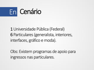 En Cenário
1 Universidade Pública (Federal)
6 Particulares (generalista, interiores,
interfaces, gráfico e moda).
Obs: Existem programas de apoio para
ingressos nas particulares.

 