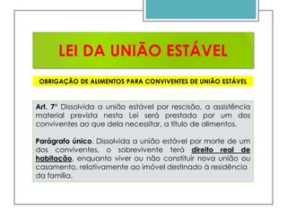 LEI DA UNIÃO ESTÁVEL
OBRIGAÇÃO DE ALIMENTOS PARA CONVIVENTES DE UNIÃO ESTÁVEL

Art. 7° Dissolvida a união estável por rescisão, a assistência
material prevista nesta Lei será prestada por um dos
conviventes ao que dela necessitar, a título de alimentos.
Parágrafo único. Dissolvida a união estável por morte de um
dos conviventes, o sobrevivente terá direito real de
habitação, enquanto viver ou não constituir nova união ou
casamento, relativamente ao imóvel destinado à residência
da família.

 