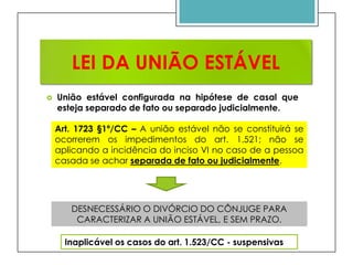 LEI DA UNIÃO ESTÁVEL


União estável configurada na hipótese de casal que
esteja separado de fato ou separado judicialmente.
Art. 1723 §1º/CC – A união estável não se constituirá se
ocorrerem os impedimentos do art. 1.521; não se
aplicando a incidência do inciso VI no caso de a pessoa
casada se achar separada de fato ou judicialmente.

DESNECESSÁRIO O DIVÓRCIO DO CÔNJUGE PARA
CARACTERIZAR A UNIÃO ESTÁVEL, E SEM PRAZO.

Inaplicável os casos do art. 1.523/CC - suspensivas

 