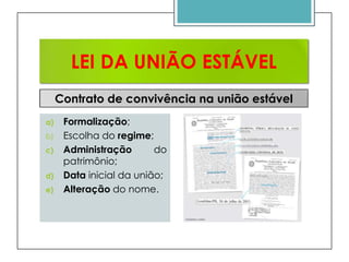 LEI DA UNIÃO ESTÁVEL
Contrato de convivência na união estável
a)
b)
c)
d)
e)

Formalização;
Escolha do regime;
Administração
do
patrimônio;
Data inicial da união;
Alteração do nome.

 