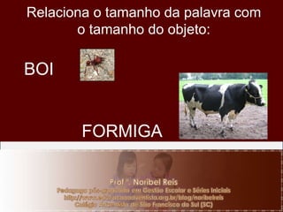 Relaciona o tamanho da palavra com o tamanho do objeto: BOI FORMIGA 