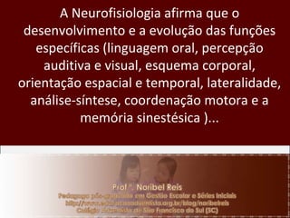 A Neurofisiologia afirma que o desenvolvimento e a evolução das funções específicas (linguagem oral, percepção auditiva e visual, esquema corporal, orientação espacial e temporal, lateralidade, análise-síntese, coordenação motora e a memória sinestésica )... 