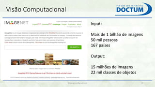 Visão Computacional
felipengmec@gmail.com 19
Input:
Mais de 1 bilhão de imagens
50 mil pessoas
167 países
Output:
15 milhões de imagens
22 mil classes de objetos
 