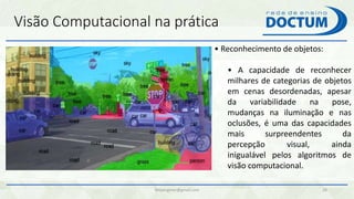 Visão Computacional na prática
felipengmec@gmail.com 28
• Reconhecimento de objetos:
• A capacidade de reconhecer
milhares de categorias de objetos
em cenas desordenadas, apesar
da variabilidade na pose,
mudanças na iluminação e nas
oclusões, é uma das capacidades
mais surpreendentes da
percepção visual, ainda
inigualável pelos algoritmos de
visão computacional.
 