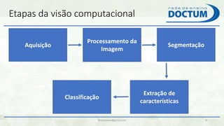 Etapas da visão computacional
felipengmec@gmail.com 8
Aquisição
Processamento da
Imagem
Segmentação
Extração de
características
Classificação
 