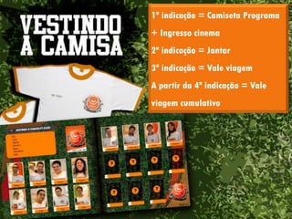 1ª indicação = Camiseta Programa
+ Ingresso cinema
2ª indicação = Jantar
3ª indicação = Vale viagem
A partir da 4ª indicação = Vale
viagem cumulativo
 