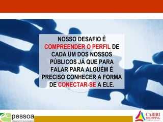 NOSSO DESAFIO É
COMPREENDER O PERFIL DE
CADA UM DOS NOSSOS
PÚBLICOS JÁ QUE PARA
FALAR PARA ALGUÉM É
PRECISO CONHECER A FORMA
DE CONECTAR-SE A ELE.
 