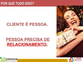 POR QUE TUDO ISSO?
CLIENTE É PESSOA.
PESSOA PRECISA DE
RELACIONAMENTO.
 