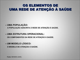 OS ELEMENTOS DE UMA REDE DE ATENÇÃO À SAÚDE –  UMA POPULAÇÃO: A POPULAÇÃO ADSCRITA À REDE DE ATENÇÃO À SAÚDE. –  UMA ESTRUTURA OPERACIONAL: OS COMPONENTES DA REDE DE ATENÇÃO À SAÚDE. –  UM MODELO LÓGICO: O MODELO DE ATENÇÃO À SAÚDE. Fonte:  MENDES (2009). 