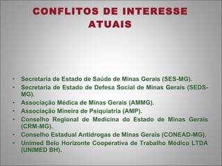 CONFLITOS DE INTERESSE ATUAIS Secretaria de Estado de Saúde de Minas Gerais (SES-MG). Secretaria de Estado de Defesa Social de Minas Gerais (SEDS-MG). Associação Médica de Minas Gerais (AMMG). Associação Mineira de Psiquiatria (AMP). Conselho Regional de Medicina do Estado de Minas Gerais (CRM-MG). Conselho Estadual Antidrogas de Minas Gerais (CONEAD-MG). Unimed Belo Horizonte Cooperativa de Trabalho Médico LTDA (UNIMED BH). 