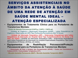 SERVIÇOS ASSISTENCIAIS NO ÂMBITO DA ATENÇÃO À SAÚDE DE UMA REDE DE ATENÇÃO EM SAÚDE MENTAL IDEAL – ATENÇÃO ESPECIALIZADA Equipamentos de Tratamento Clínico para os Portadores de Transtornos Mentais: - Centro de Atenção Psicossocial (CAPS g / CAPS i / CAPS ad). - Unidade de Urgência e Observação Psiquiátrica (UUOP) – Leitos Psiquiátricos de Urgência e Observação em UPA Tipo Curtíssima-Permanência (Até 72 Horas). - Unidade de Internação Psiquiátrica (UIP) – Enfermarias Psiquiátricas para Leitos Psiquiátricos de Internação em Hospital Geral Tipo Curta-Permanência (72 Horas a 30 Dias, em média)  / Unidade de Internação Psiquiátrica (UIP) – Enfermarias Psiquiátricas para Leitos Psiquiátricos de Internação em Hospital Especializado Psiquiátrico Tipo Curta-Permanência (72 Horas a 30 Dias, em média). Equipamentos de Reabilitação Psicossocial/Proteção Psicossocial para os Portadores de Transtornos Mentais: - Associação de Pais e Amigos dos Excepcionais (APAE) / Centro de Convivência e Cultura (CCC) / Comunidade Terapêutica (CT). - Moradia Assistida Permanente (MAP) / Moradia Assistida Temporária (MAT). 