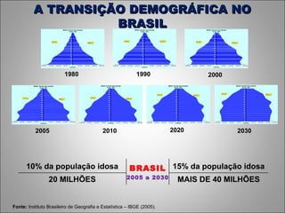 Fonte:  Instituto Brasileiro de Geografia e Estatística – IBGE (2005). A TRANSIÇÃO DEMOGRÁFICA NO BRASIL 1980 1990 2000 2005 2010 2020 2030 10% da população idosa BRASIL 2005 a 2030 15% da população idosa 20 MILHÕES MAIS DE 40 MILHÕES 
