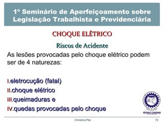 1º Seminário de Aperfeiçoamento sobre
Legislação Trabalhista e Previdenciária
CHOQUE ELÉTRICOCHOQUE ELÉTRICO
Riscos de AcidenteRiscos de Acidente
As lesões provocadas pelo choque elétrico podem
ser de 4 naturezas:
I.I.eletrocução (fatal)eletrocução (fatal)
II.II.choque elétricochoque elétrico
III.III.queimaduras equeimaduras e
IV.IV.quedas provocadas pelo choquequedas provocadas pelo choque
Christina Pila 72
 