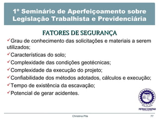1º Seminário de Aperfeiçoamento sobre
Legislação Trabalhista e Previdenciária
FATORES DE SEGURANÇAFATORES DE SEGURANÇA
Grau de conhecimento das solicitações e materiais a serem
utilizados;
Características do solo;
Complexidade das condições geotécnicas;
Complexidade da execução do projeto;
Confiabilidade dos métodos adotados, cálculos e execução;
Tempo de existência da escavação;
Potencial de gerar acidentes.
Christina Pila 77
 