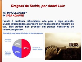 Drágeas de Saúde, por André LuizDrágeas de Saúde, por André Luiz
13) DIFICULDADESDIFICULDADES?
 SIGA ADIANTESIGA ADIANTE.
Frente à qualquer dificuldade, não pare e siga adiante.
Muitas dificuldades aparecem por nossa própria maneira de
ser. Elas podem nos prender em pontos contrários ao
nosso progresso.
 