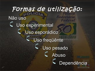 Não usoNão uso
Uso experimentalUso experimental
AbusoAbuso
DependênciaDependência
Uso esporádicoUso esporádico
Uso freqüênteUso freqüênte
Uso pesadoUso pesado
Formas de utilização:
 