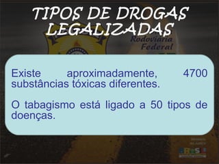TIPOS DE DROGAS 
LEGALIZADAS 
ExiMstee dicaamperonxtiomsadamente, 4700 
substâncias tóxicas diferentes. 
O tabagismo está ligado a 50 tipos de 
doenças. 
Álcool 
Tabaco 
 