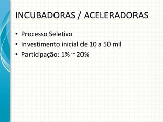INCUBADORAS / ACELERADORAS 
• Processo Seletivo 
• Investimento inicial de 10 a 50 mil 
• Participação: 1% ~ 20% 
 