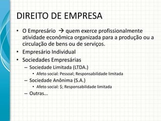 DIREITO DE EMPRESA 
• O Empresário  quem exerce profissionalmente 
atividade econômica organizada para a produção ou a 
circulação de bens ou de serviços. 
• Empresário Individual 
• Sociedades Empresárias 
– Sociedade Limitada (LTDA.) 
• Afeto social: Pessoal; Responsabilidade limitada 
– Sociedade Anônima (S.A.) 
• Afeto social: $; Responsabilidade limitada 
– Outras... 
 