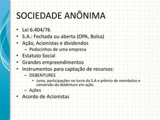 SOCIEDADE ANÔNIMA 
• Lei 6.404/76 
• S.A.: Fechada ou aberta (OPA, Bolsa) 
• Ação, Acionistas e dividendos 
– Pedacinhos de uma empresa 
• Estatuto Social 
• Grandes empreendimentos 
• Instrumentos para captação de recursos: 
– DEBENTURES 
• Juros, participações no lucro da S.A e prêmio de reembolso e 
conversão da debênture em ação. 
– Ações 
• Acordo de Acionistas 
 