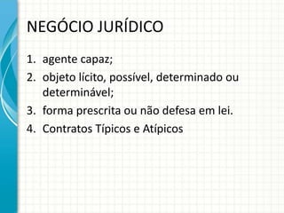 NEGÓCIO JURÍDICO 
1. agente capaz; 
2. objeto lícito, possível, determinado ou 
determinável; 
3. forma prescrita ou não defesa em lei. 
4. Contratos Típicos e Atípicos 
 