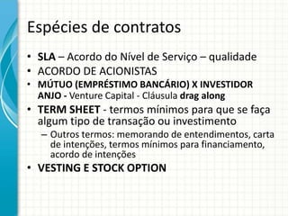 Espécies de contratos 
• SLA – Acordo do Nível de Serviço – qualidade 
• ACORDO DE ACIONISTAS 
• MÚTUO (EMPRÉSTIMO BANCÁRIO) X INVESTIDOR 
ANJO - Venture Capital - Cláusula drag along 
• TERM SHEET - termos mínimos para que se faça 
algum tipo de transação ou investimento 
– Outros termos: memorando de entendimentos, carta 
de intenções, termos mínimos para financiamento, 
acordo de intenções 
• VESTING E STOCK OPTION 
 