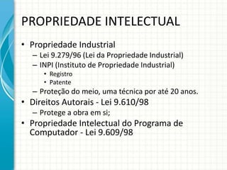 PROPRIEDADE INTELECTUAL 
• Propriedade Industrial 
– Lei 9.279/96 (Lei da Propriedade Industrial) 
– INPI (Instituto de Propriedade Industrial) 
• Registro 
• Patente 
– Proteção do meio, uma técnica por até 20 anos. 
• Direitos Autorais - Lei 9.610/98 
– Protege a obra em si; 
• Propriedade Intelectual do Programa de 
Computador - Lei 9.609/98 
 