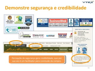Demonstre segurança e credibilidade




  Percepção de segurança gera credibilidade, que por
  sua vez é um facilitador para conclusão da compra.

                                                       13
 
