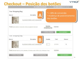 Checkout – Posição dos botões
                     • + 18% de conversão
                 A   • mudança de posicionamento
                     dos botões




                 B


                                               36
 
