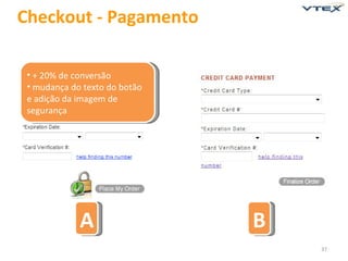 Checkout - Pagamento

 • + 20% de conversão
 • mudança do texto do botão
 e adição da imagem de
 segurança




             A                 B
                                   37
 