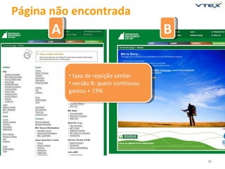 Página não encontrada
       A                                B

           • taxa de rejeição similar
           • versão B: quem continuou
           gastou + 73%




                                            38
 