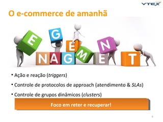 O e-commerce de amanhã




• Ação e reação (triggers)
• Controle de protocolos de approach (atendimento & SLAs)
• Controle de grupos dinâmicos (clusters)
                  Foco em reter e recuperar!

                                                            6
 