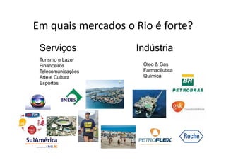 Em quais mercados o Rio é forte?
Em quais mercados o Rio é forte?
 Serviços           Indústria
 Turismo e Lazer
 Financeiros          Óleo & Gas
                      Ó
 Telecomunicações     Farmacêutica
 Arte e Cultura       Química
 Esportes
 