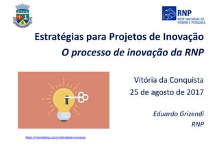 Estratégias para Projetos de Inovação
O processo de inovação da RNP
Vitória da Conquista
25 de agosto de 2017
Eduardo Grizendi
RNP
https://viverdeblog.com/criatividade-inovacao
 