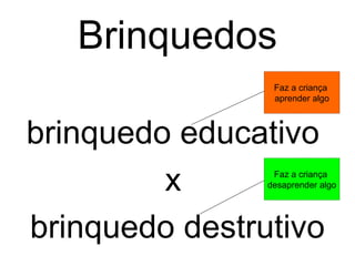 Brinquedos
                 Faz a criança
                 aprender algo



brinquedo educativo
         x       Faz a criança
                desaprender algo




brinquedo destrutivo
 
