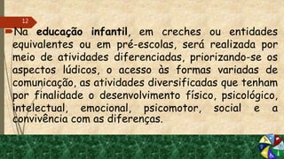 Na educação infantil, em creches ou entidades
equivalentes ou em pré-escolas, será realizada por
meio de atividades diferenciadas, priorizando-se os
aspectos lúdicos, o acesso às formas variadas de
comunicação, as atividades diversificadas que tenham
por finalidade o desenvolvimento físico, psicológico,
intelectual, emocional, psicomotor, social e a
convivência com as diferenças.
12
 